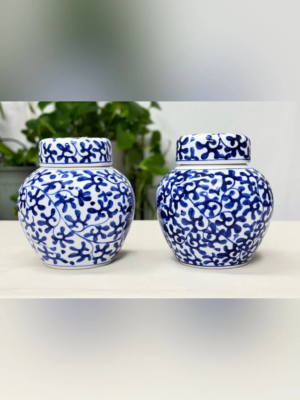 Vintage Miniature Blue and White Ceramic Ginger Jars with lids  Set of 2